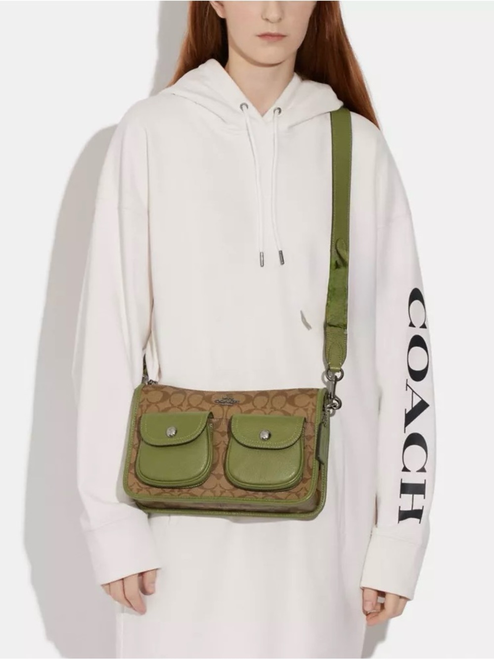 Coach Signature Canvas Crossbody with Olive Green Leather Accents